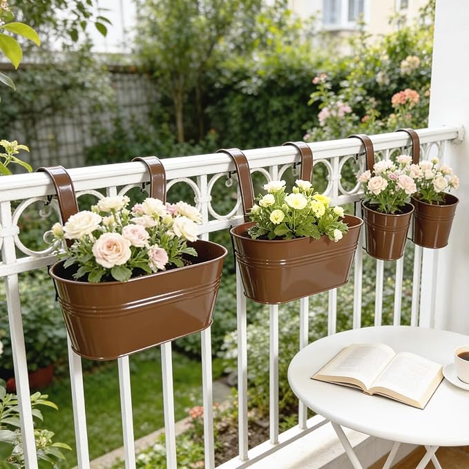 Pack of 8 Metal Hanging Planters for Outdoor Plants, 4 Pcs 4" Round Railing Planter & 4 Pcs 10" Oval Fence Flower Pots for Balcony Garden Decor, Chocolate