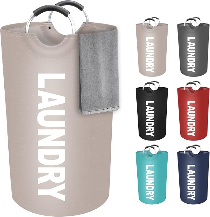 90L Large Laundry Basket, Dirty Clothes Waterproof Laundry Hamper, Khaki | Collapsible Laundry Basket with Foam Protected Aluminum Handles for Laundry Dorm Family, Black Dirty Clothes Hamper