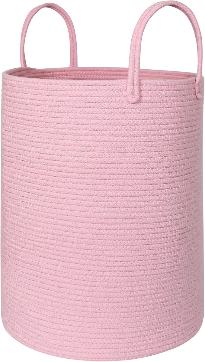 MEGASKET Large Pink Laundry Basket, 15"x18" Tall Blanket Storage for Living Room, Woven Cotton Rope Laundry Hamper for Girls Baby, Pink Room Decor Aesthetic, Decorative Clothes Hamper for Towels Toys