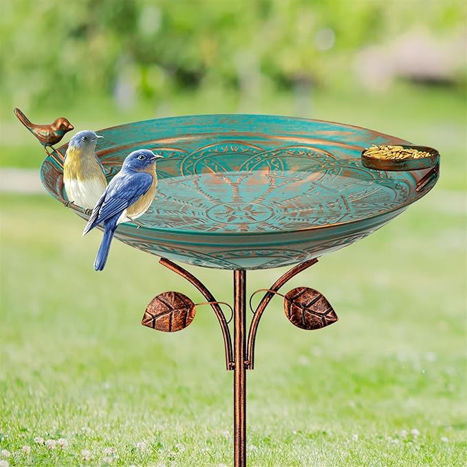 Metal Bird Baths for Outdoors, 39" H Birdbath with 13 Inch Bowl, Standing Bird Bath & Bird Feeder with Stake for Outside Garden Patio Yard Lawn Decor,Green