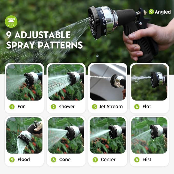 Heavy Duty Metal Water Spray Nozzle with 9 Adjustable Watering Patterns, Garden Hose Nozzle Sprayer for Watering Lawn and Garden,car Washing, Pets.