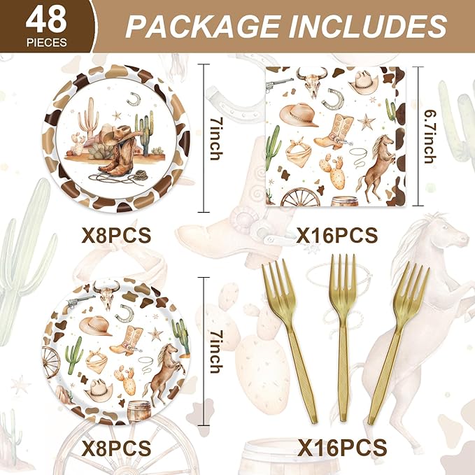 48Pcs Western Cowboy Party Decorations Western Cowboy Horse Dessert Plates Napkins and Forks Party Supplies Set for 16 Guests