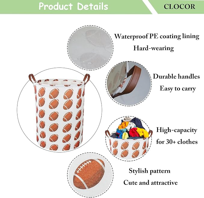CLOCOR Laundry Basket,Waterproof Laundry Hamper,Room Decor,Gift Basket(Rugby)