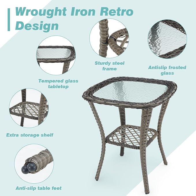 MELLCOM 5 Pieces Patio Furniture Set, Outdoor Swivel Rocker Patio Chairs with Ottomans, Wicker Conversation Set with Rocking Chairs, Glass Coffee Table for Backyard, Peacock Blue
