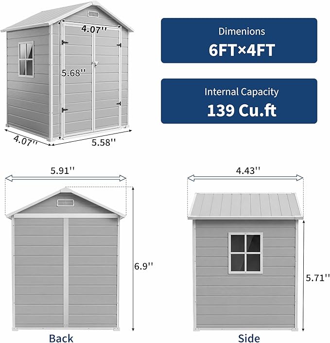 Outdoor Storage Shed with Floor, Plastic Resin Garden Shed with Window & Sloping Roof & Lockable Door for Patio Backyard Garden, Lawn Mower, Bike, Tool Storage (Light Gray, 6' X 4')