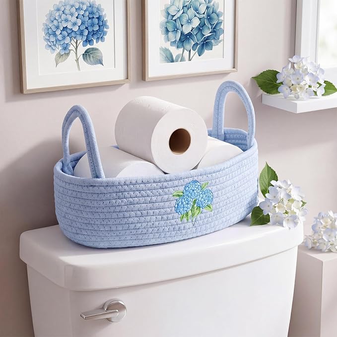Vesici Hydrangea Toilet Paper Basket Cotton Rope Bathroom Organizer | Hydrangea Woven Rope with Handle, Boho Blue Hydrangea Decor, Countertop Organizer for Closet Bedroom Nursery, 13x6x4 in
