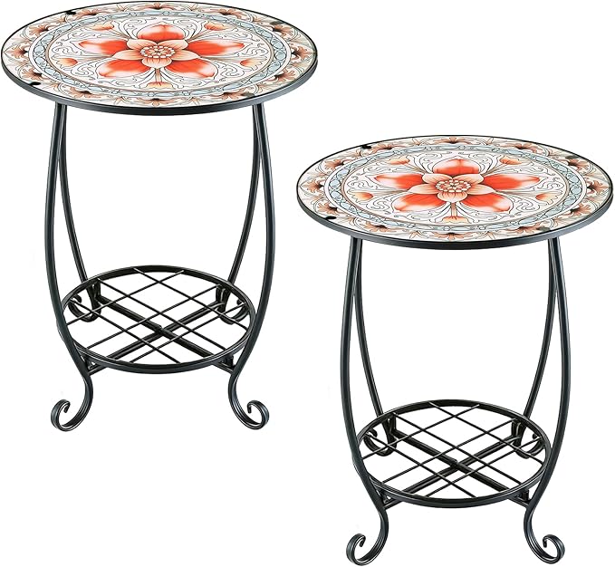 Arbuxzuy 2pcs Small Outdoor Side Table with Colorful Flowers, Glass Mosaic Patio Table Indoor, Round Plant Coffee Table for Living Room, Balcony, Garden（Pink Flowers Style）