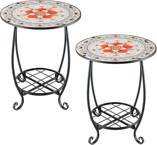 Arbuxzuy 2pcs Small Outdoor Side Table with Colorful Flowers, Glass Mosaic Patio Table Indoor, Round Plant Coffee Table for Living Room, Balcony, Garden（Pink Flowers Style）