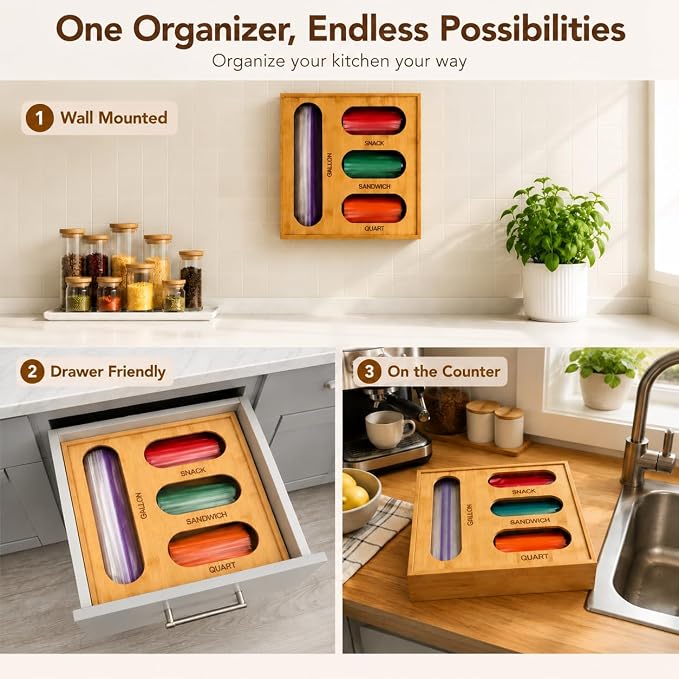 4 in 1 Bamboo Bag Storage Organizer for Sandwich, Snack, Quart,Gallon Bags