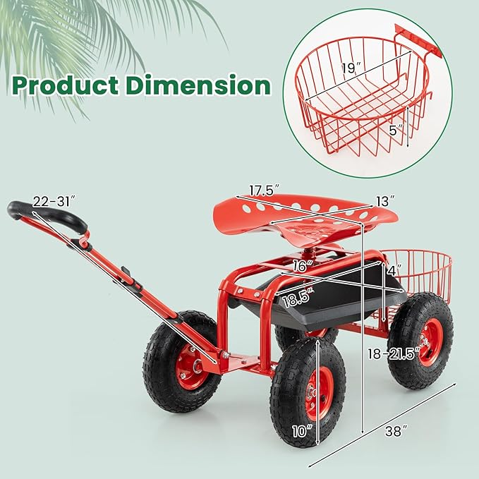 Giantex Rolling Garden Workseat with Wheels, 360 Degree Swivel Gardening Stool Cart with Storage Basket, Adjustable Height, Steering Handle, Steel Frame, Outdoor Work Seat for Planting Triming (Red)