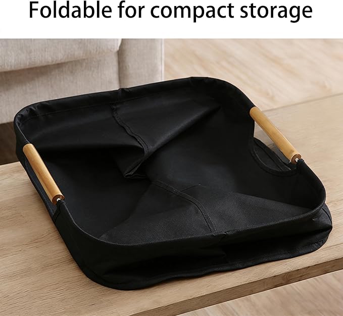 Collapsible Laundry Hamper Bag with Wooden Handles - 55L/14.5 Gallon Large Capacity Waterproof Oxford Cloth Storage Basket, Freestanding No Wire Frame, for Dorm Room, Bedroom, Bathroom (Large-Black)