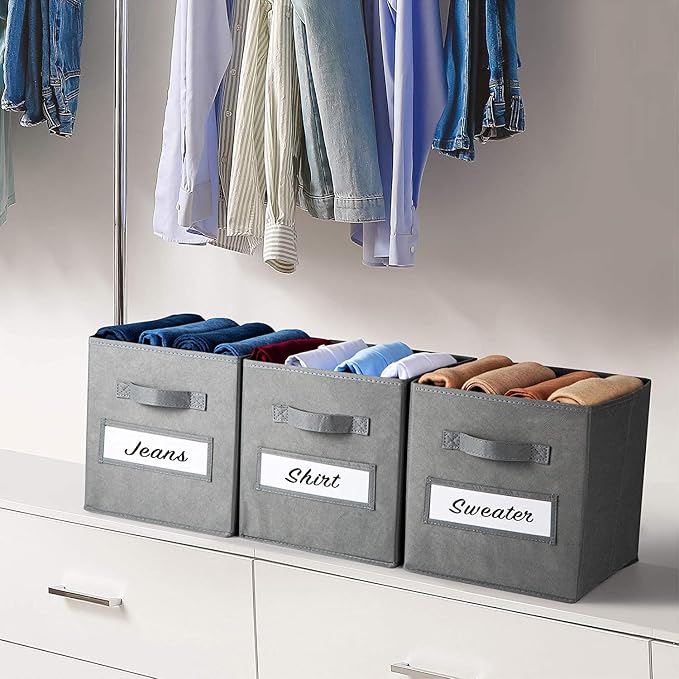 13x13x13 storage cube bins(Set of 8) Fabric storage cubes with 8 Labels Window Cards & a Pen, storage cubes 13x13, Collapsible 13 inch cube storage bins, Cubby Organizer Boxes, Gray