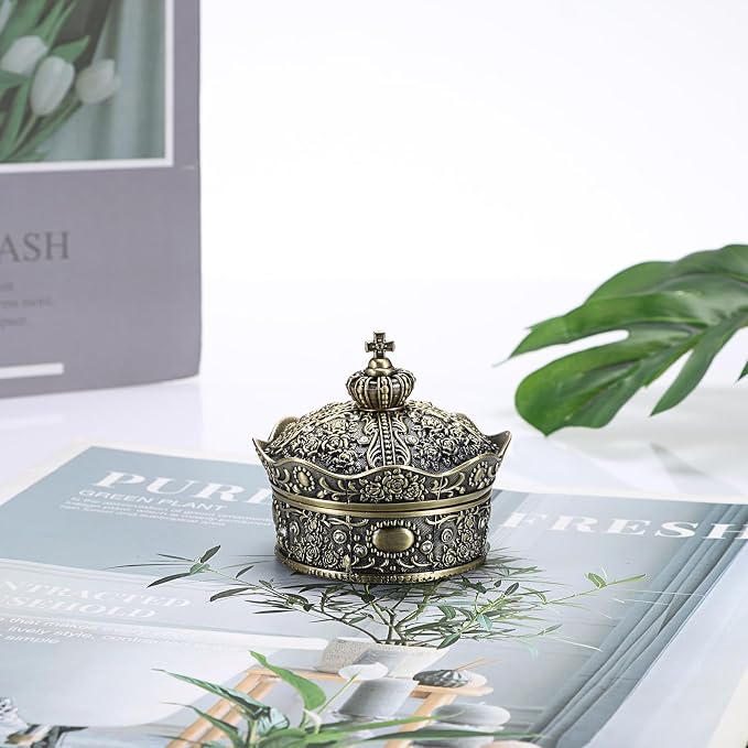 Hipiwe Vintage Jewelry Box, Antique Crown Design Trinket Treasure Chest Storage Organizer, Metal Earrings/Necklace/Ring Holder Case, Keepsake Giftb Box for Women, Bronze