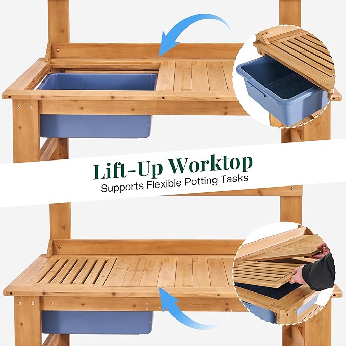 Jocisland Solid Fir Wood Outdoor Potting Bench Table with Large Tabletop, Heavy-Duty Garden Workstation with Removable Plastic Bin, Multi-Level Storage Shelf, Easy Assembly for Patio, Yard & Gardening