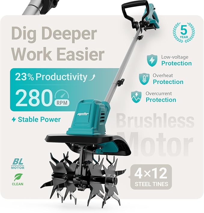 Cordless Brushless Garden Tiller Cultivator Compatible with Makita 18v Battery (Tool Only), 10’’ Wide 7’’ Deep Electric Soil Rototiller, 48-Tine Mini Rotary Aerator for Garden Beds & Soil Preparation