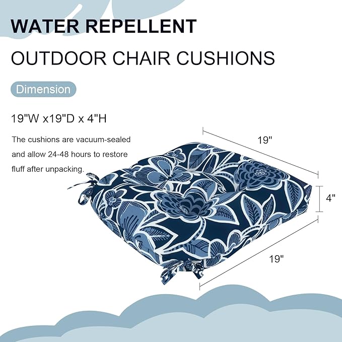DYTXIII Set of 2 Outdoor Chair Cushions 19"x19"x4", Water Repellent Tufted Patio Seat Cushions with Ties, Thick Replacement Pads for Wicker Dining Chairs, Patio Furniture, Flower Navy