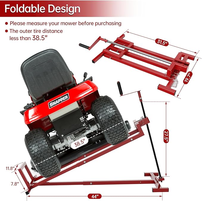 Lawn Mower Lift Jack, Telescopic Maintenance Jack for Riding Lawn Mowers, Zero Turn Mowers and Garden Tractors, Foldable Easy Lift with Crank Handle and Power Tool Handle, 880 Lbs Weight Capacity