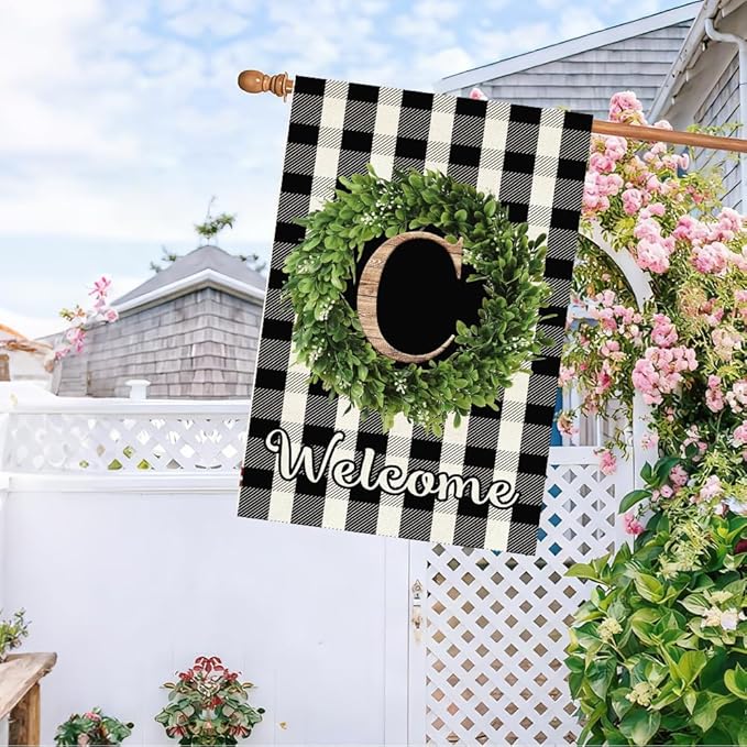 Baccessor Monogram Letter C Garden Flag 28 x 40 Inch, Buffalo Plaid Family Last Name Initial Boxwood Wreath Welcome Vertical Double Sided Large Flags for Outdoor Outside Decoration