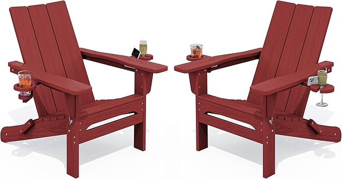 SERWALL Folding Adirondack Chair with Cup Holders, All Weather Resistant Modern Adirondack Chair Set of 2, HDPE Adirondack Chair Outdoor, Red