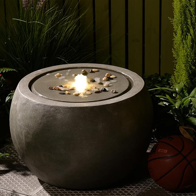 Tankana Garden Water Fountain Outdoor Large Round Bubbler Water Feature Indoor with Lights & Pump and Pebbles Concrete Effect for Patio Pool Pond Yard Home Decor Gray, 25 "L X 25" W X 17.5" H