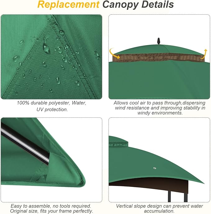 Replacement Gazebo Canopy Top Cover for 10 x 12, Double Tiered Waterproof Canopy Roof for Lowe's Allen Roth Gazebo #GF-12S004B-1(Green)