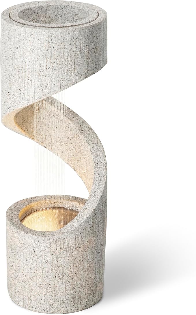 Glitzhome Outdoor Water Fountain, 40.25" H Modern Faux Terrazzo Spiral Shaped Outdoor Fountain with Pump and LED Lights, Polyresin Waterfall Fountain Water Feature for Garden, Patio, Porch Decor