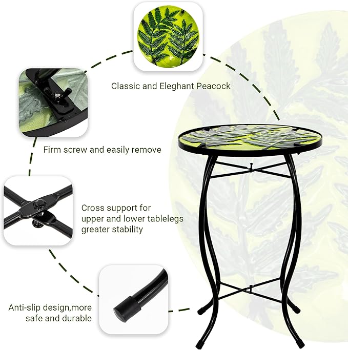 Subtropical Leaf Small Patio Table,Outdoor Side Table,Outdoor Bar Table,Metal Glass End Table for Porch Garden Yard Pool Living Room Valentine Decor，10 Inch Side, Valentine Decorations Gift