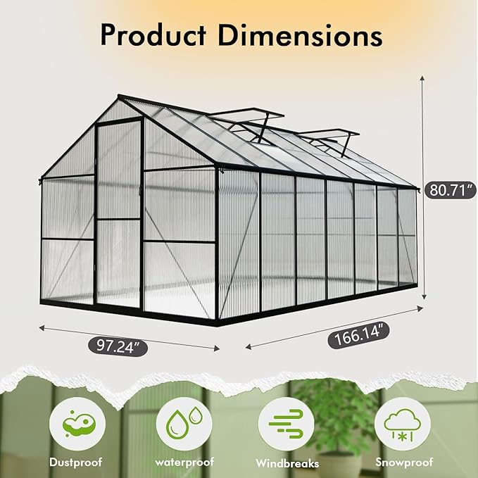 8×14FT Green Houses for Outside, Walk in Greenhouse for Outdoors and Garden Planting, Large Greenhouse Kit with Electronic Thermometers, Withstands Strong Wind or Snow to Protect Vegetables or Plants