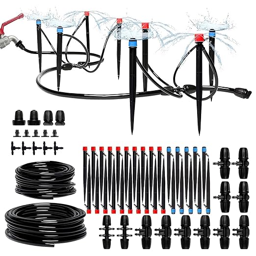 100FT Drip Irrigation Kit for Garden, Adjustable DIY Plant Watering System for Raised Beds & Greenhouse, 5/16" Main Tubing & 1/8" Micro Tubing Included