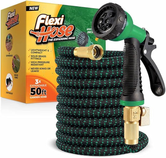 Flexi Hose with 8 Function Nozzle, 50FT - Lightweight Expandable Garden Hose, No-Kink Flexibility, 3/4 Inch Solid Brass Fittings and Double Latex Core - Green