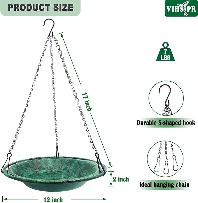 Hanging Bird Bath & Feeder Bowl, 12 in Outdoor Bird Bath with Chains, Backyard Garden Decor, Durable Weather-Resistant PP, Antique Green – 1 Pack