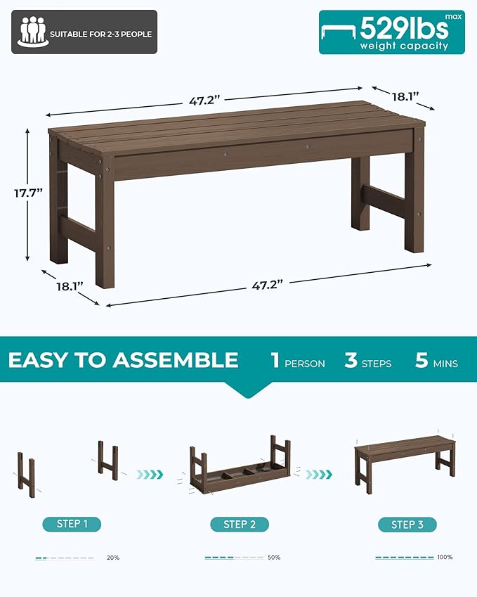 SERWALL 47 Inches Outdoor Bench, All Weather HDPE Backless Bench with Wood Grain Texture for Garden Porch and Park, Curved Bench Seat for Comfort, Coffee