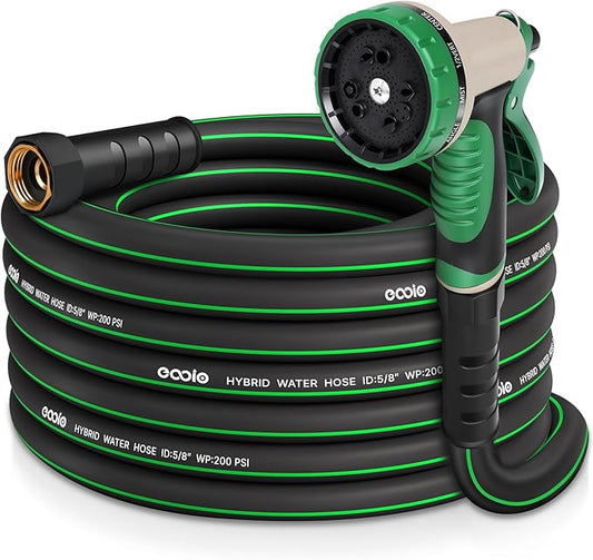 Heavy Duty Garden Hose 25 ft, NON-EXPANDABLE Water Hose with 10 Function Spray Nozzle, Lightweight Kink-less Hybrid Hose with Swivel Handle, Male to Female Fittings
