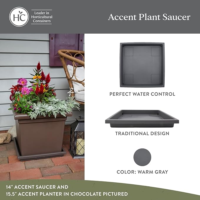 The HC Companies Accent Square Plant Saucer - Durable Plastic Trays for Plants - Square Tray for Water Drainage - UV Resistant Planter Saucer for Indoor & Outdoor Use (14”, Warm Gray, Pack of 1)