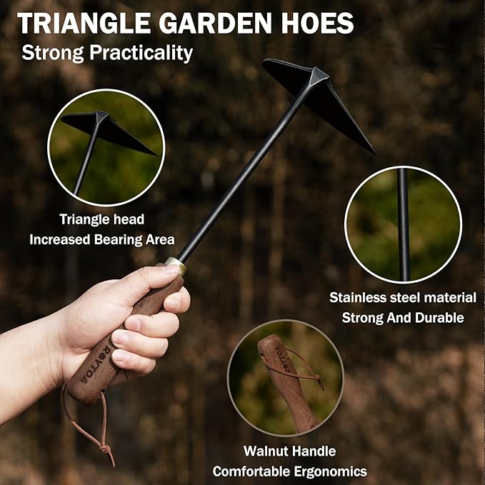 ROYTOA Triangle Hand Hoe, Heavy Duty Stainless Steel Weed Puller and Weed Remover Gardening Tool with Walnut Handle for Weeding, Soil Loosening and Cultivating