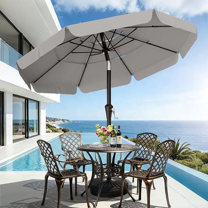 AreShark 9FT 3-Tiers Patio Umbrella with Valance, Outdoor Umbrellas with Crank/Tilt, Table Market Umbrella Vented w/ 8 Sturdy Ribs for Garden, Deck, Backyard, and Pool, Foggy Gray