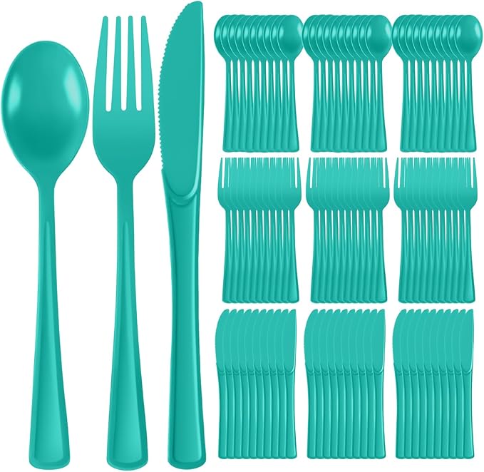 Plastic Silverware 300 PCS Disposable Silverware Heavy Duty Utensil Sets 100 Of Each Forks Knives & Spoons Disposable Cutlery Set For Easter,Birthday,Baby Shower,Garden Party,Wedding(300,Light Green)