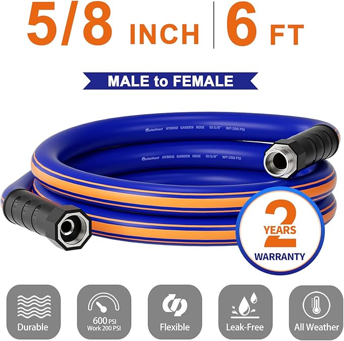 short garden hose 6 feet x 5/8Inch, short water hose with Swivel Handle, Heavy Duty, Flexible, Sturdy, Lightweight, Male to Female Fittings