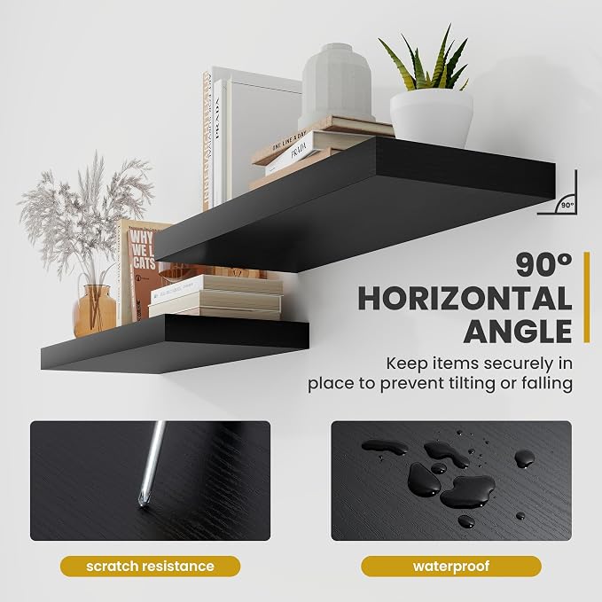 Acovy 30 Inch Floating Shelves, 9.3" Deep Floating Shelf Wall Mounted, 30" Wall Shelves, Rustic Deep Bookshelf, Large Display Shelves & Storage Shelves for Bedroom, Living Room, Black, Set of 2