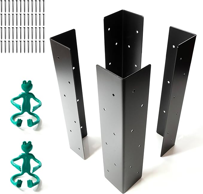 Sherfire Raised Garden Bed Corner Brackets - Set of 4, 15 x 3 x 3 in, for 20-24 in Bed - Black, Weather Resistant, Heavy-Duty Rustproof Steel - Includes 48 Matching Screws and 2 Wire Frog Plant Ties