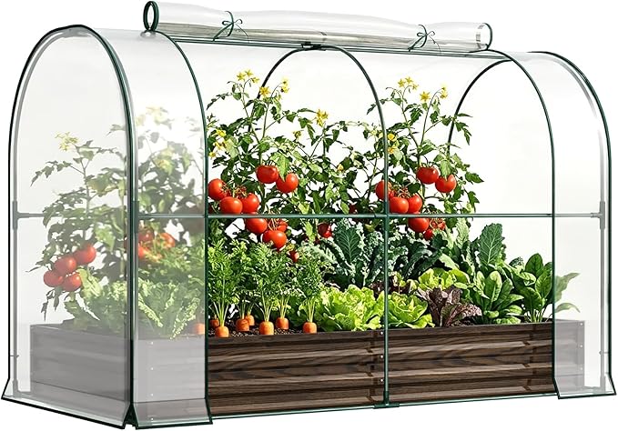 DoCred Galvanized Raised Garden Bed with PVC Cover, 84.6" x 45.3" x 47.2" Metal Planter Bottomless Box w/ Roll-Up Window, Mini Greenhouse Tent for Outdoor Growing Vegetables Flower Fruit