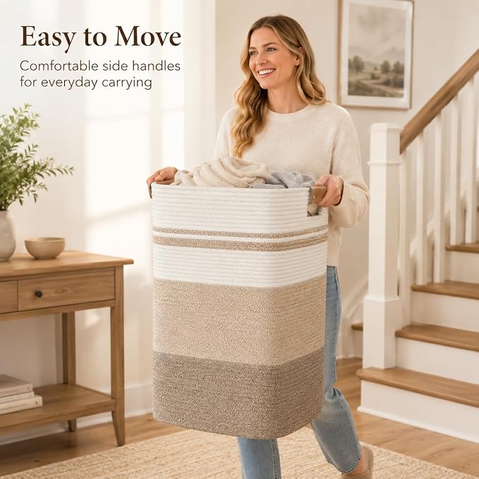 Laundry Hamper, Cotton Rope Laundry Basket with Leather Handles, 22.5-Gallon/85 L Large Clothes Hampers for Laundry, Woven Laundry Baskets for Blankets, Clothing, Bedroom, Living Room, Nursery
