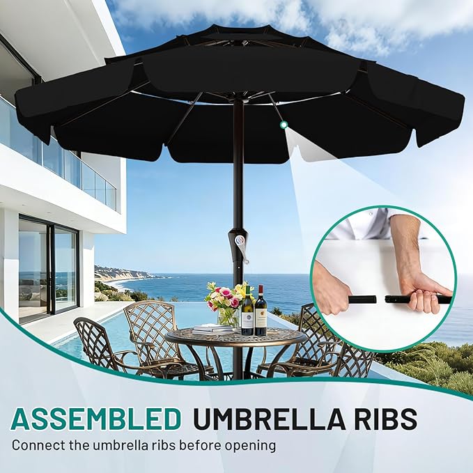 AreShark 11FT 3-Tiers Patio Umbrella with Valance, Outdoor with Crank, Large Outdoor Market Umbrellas Vented with 8 Sturdy Ribs, Patio Table Umbrellas for Garden, Deck, Backyard, Pool, Black