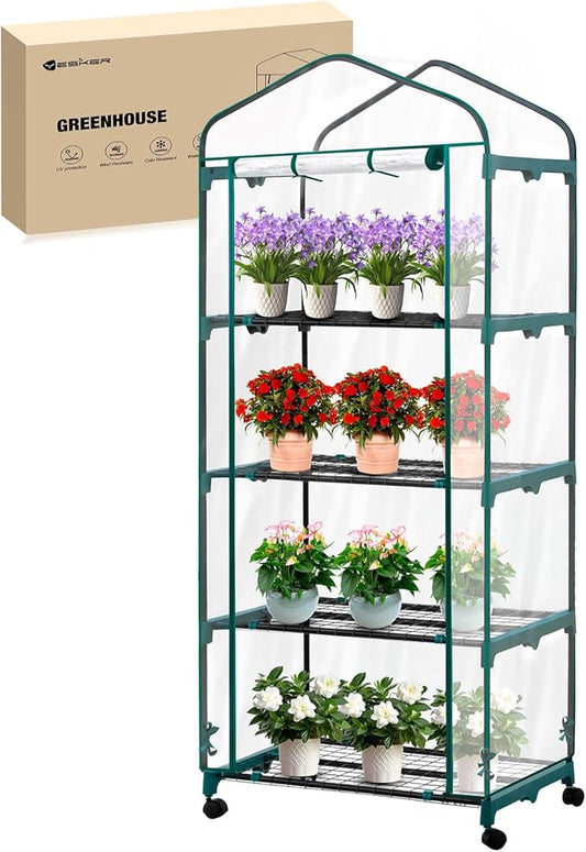 Yesker Mini Greenhouse 27"x20"x63" Portable Indoor /Outdoor Small Green House with 4 Tier 4 Shelves Wheels Transparent PVC Cover Compact Greenhouse Kit for Winter Gardening Balcony Patio Backyard