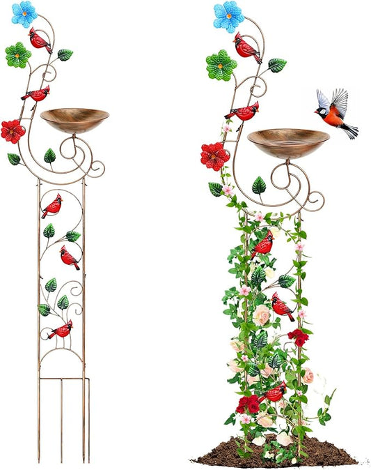 Bird Baths with Trellis for Climbing Plants Outdoor, Small Garden Plant Trellis, Metal Birdbath Birdfeeder Bird Water Feeder with Iron Bowl, Antique Plant Support Structures (Redbird)