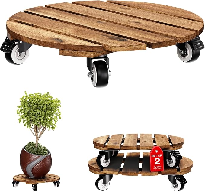 Combo 12 Inch and 14 Inch Acacia Wood Rolling Round Planter Caddies for Plant Pots, Heavy Duty Plant Stand with 360° Lockable Wheels, 264 lbs Capacity Caddy for Indoor and Outdoor Use, Golden Teak