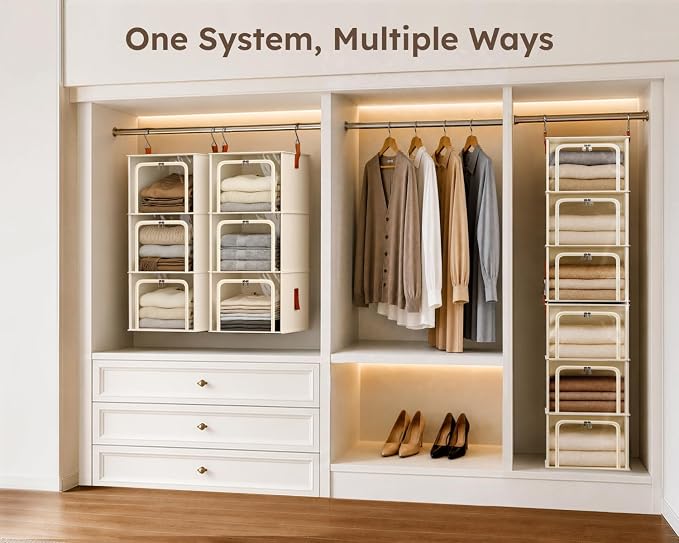Homsorout 4-Tier Modular Hanging Closet Organizer Shelves, Beige