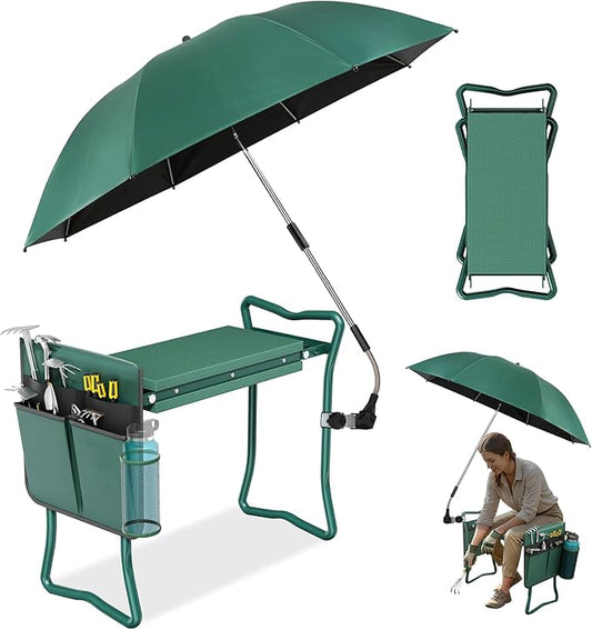2-in-1 Garden Kneeler with Umbrella, Garden Kneeling Bench & Green Umbrella, Portable Garden Stool Loads Capacity 330lb and Garden Tools Bag with bottle holder, Gardening Gifts for Women,Men,Seniors
