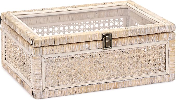 Hipiwe Handwoven Rattan Basket with Lid Decorative Storage Boxes, Large | Vintage Wood and Cane Display Box with Metal Latch Lock, Shelf Basket Box for Home Decor