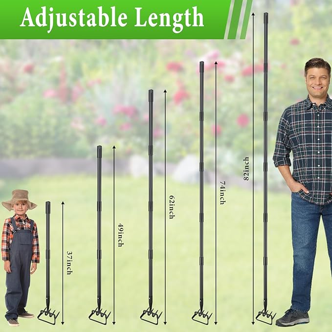 Garden Hoe, Heavy Duty Hula Hoe Garden Tool for Weeding, Adjustable Handle 37-82 Inch Cultivator Stirrup Hoe, Action Scuffle Loop Hoe with Rake 2-in-1 Gardening Tool